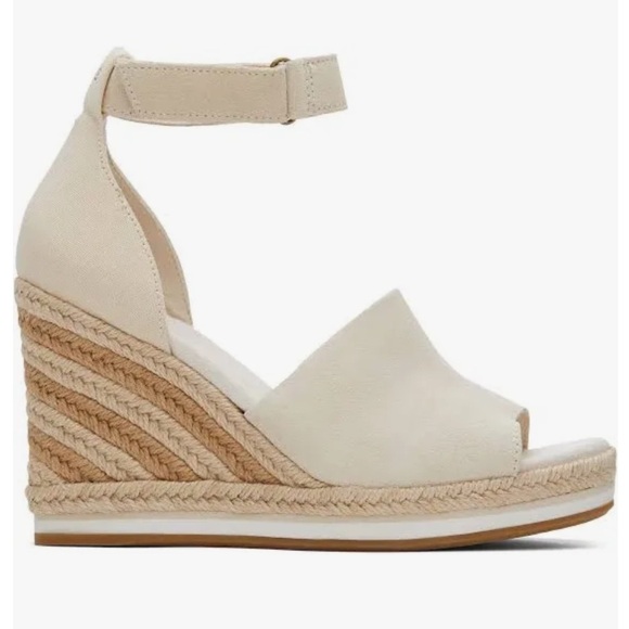 TOMS Marisol Beige Suede/Linen Ankle Strap Espadrille Wedge Sandals NWOB - Picture 1 of 9